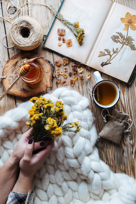 De arriba las manos de la señora irreconocible que sostiene el ramo de las flores salvajes sobre la manta espesa suave cerca del té con la miel y el portátil . - foto de stock