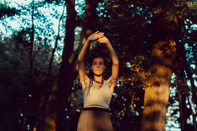 Красива молода жінка з піднятими руками, дивлячись далеко, стоячи в дивовижному тихому лісі в сонячний день — стокове фото