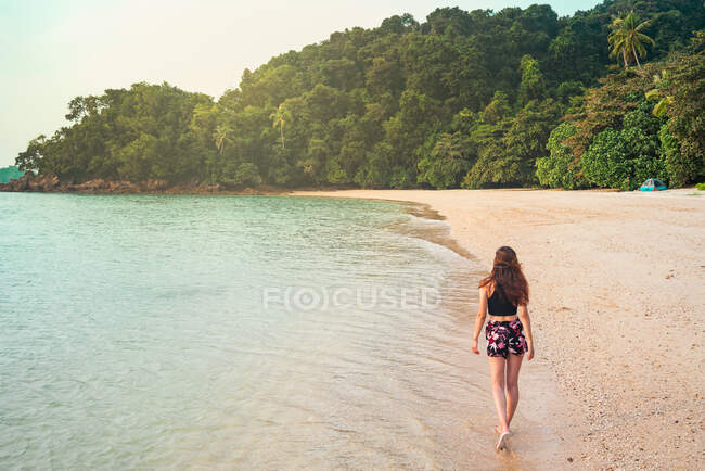 Vista trasera de la señora delgada caminando en la playa de arena cerca del mar y el bosque tropical verde en Jamaica - foto de stock