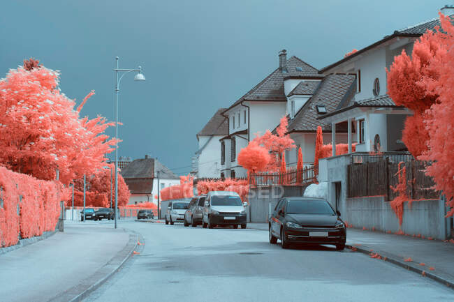 Arbres infrarouges lumineux poussant près de belles maisons dans une rue tranquille de Linz, Autriche — Photo de stock