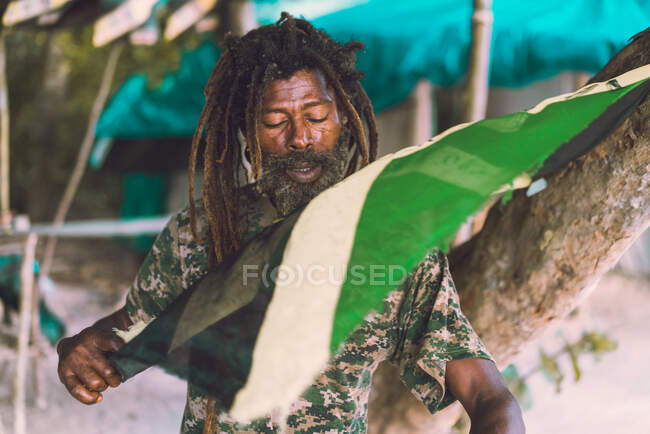 Afroamerikanisch bärtiger Mann mit Dreadlocks hält Jamaikafahne in der Nähe eines Baumes — Stockfoto