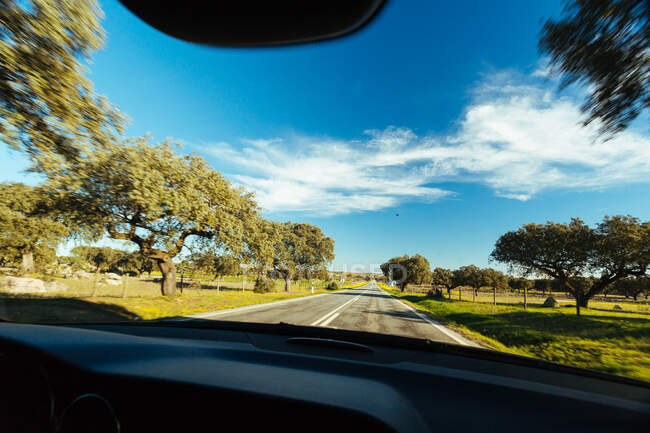 Beautiful countryside view through windscreen — Stock Photo