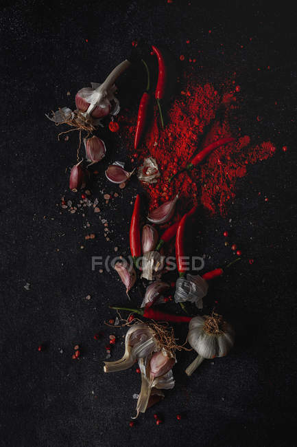 Frische rote Chilischoten, Knoblauchzehen und Gewürze auf schwarzem Hintergrund — Stockfoto