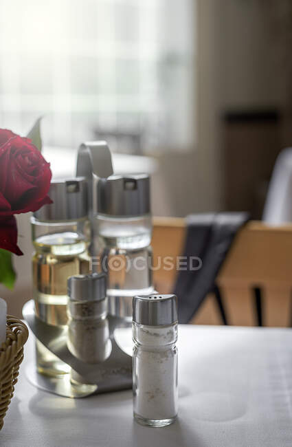Restaurant table ready to eat. Cutlery, napkins, cups; dishes. Salt — Stock Photo