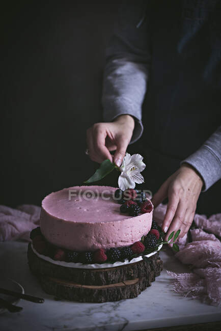 Imagem cortada de mulher preparando bolo de baga — Fotografia de Stock