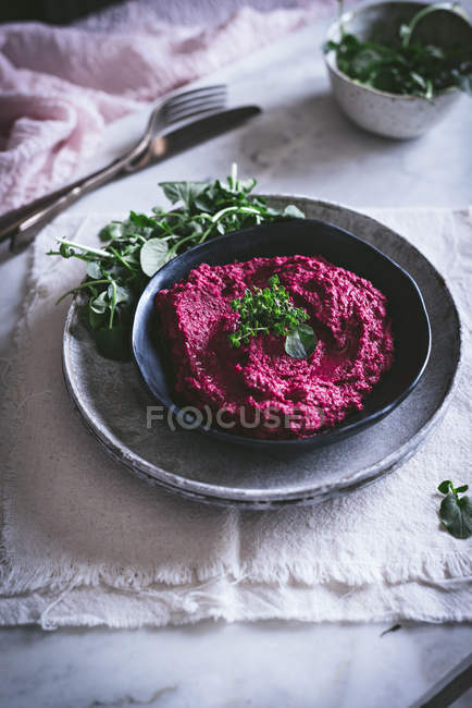 Домашний свекольный хумус на тарелке с травами — стоковое фото