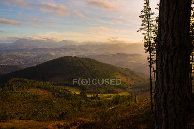 Perspectiva paisagem de belo vale com montanhas verdes em luz solar brilhante — Fotografia de Stock