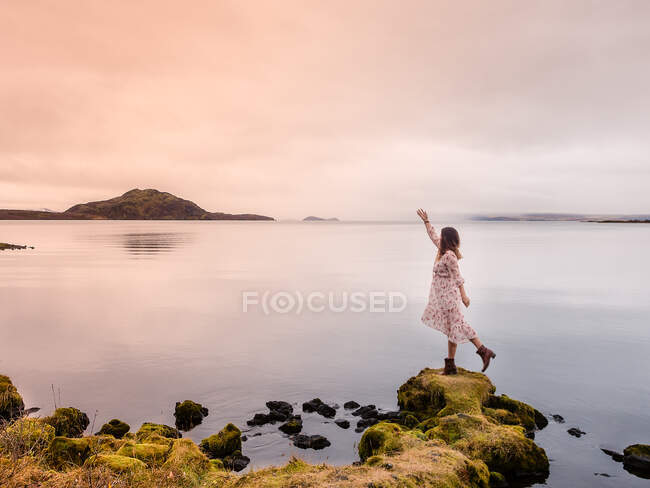 Vue latérale de la voyageuse debout sur le bord du lac et tirant la main en Islande — Photo de stock