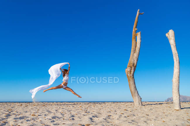 Вид сбоку привлекательной женщины, прыгающей с парашютом на песчаном пляже в солнечный безоблачный день — стоковое фото