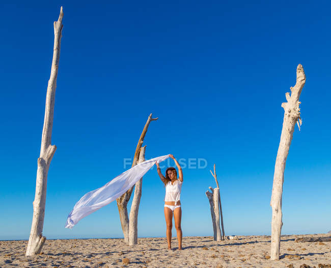 Atractiva mujer con pareo en la playa de arena posada día soleado sin nubes - foto de stock