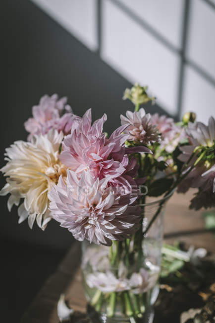 Wooden table with bouquet of pink chrysanthemums in vase between fallen petals and white wall with sunshine — Stock Photo