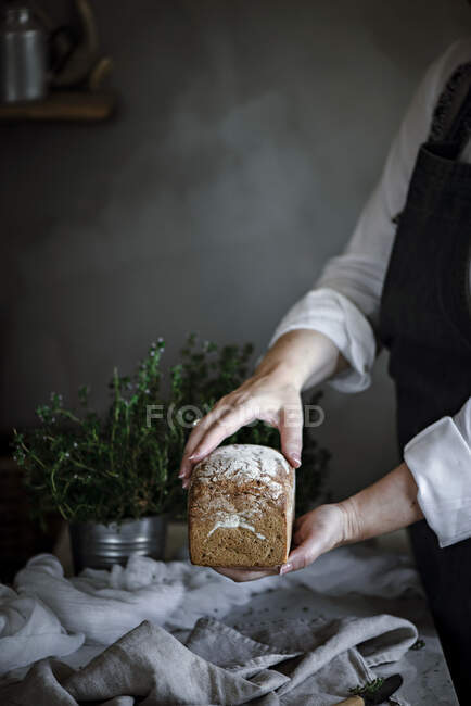 Mãos de mulher de colheita segurando um delicioso pão de centeio aromático fresco no fundo embaçado — Fotografia de Stock