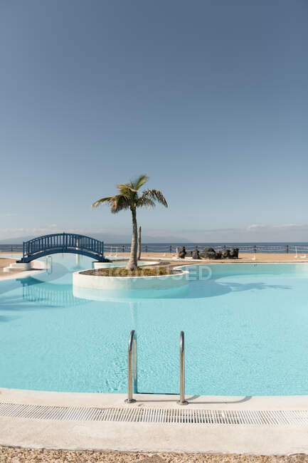 Petit pont et palmier à la piscine bleue de l'hôtel — Photo de stock