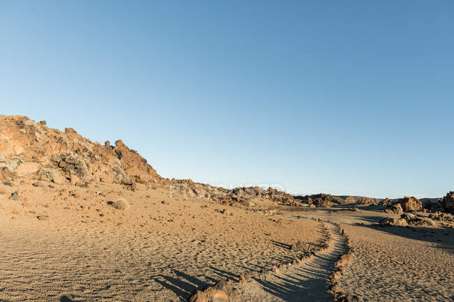 Вид на невеликий шлях у пустелі з сухими рослинами в сонячний день — стокове фото