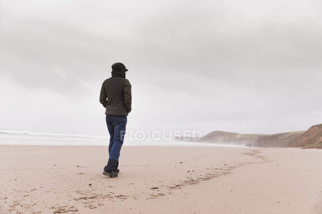 Вид ззаду хлопця в теплому одязі, що йде на піщаному узбережжі біля моря і неба в хмарах — стокове фото