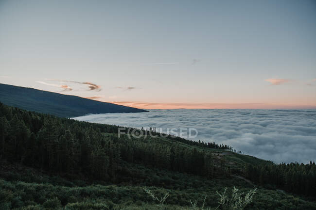 Bela vista para colinas cobertas de floresta verde e paisagem nublada à luz do sol — Fotografia de Stock