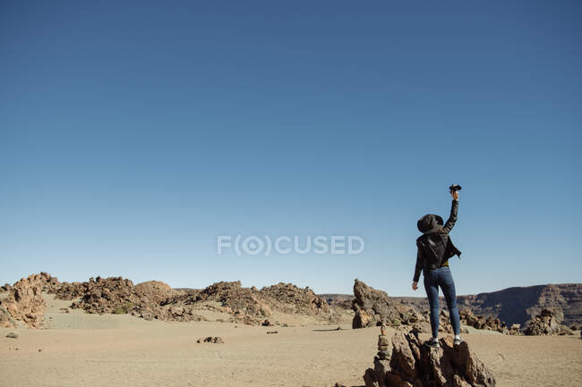 Turista irreconocible parado en la cima de la roca en el desierto en un día sin nubes - foto de stock