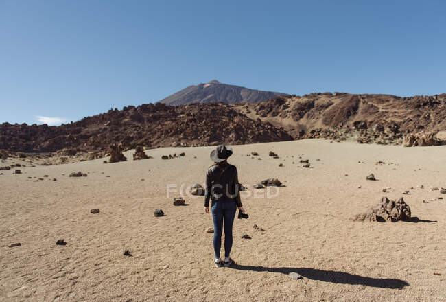 Задний вид женщины-фотографа, стоящей с камерой и смотрящей на холмы в пустыне — стоковое фото