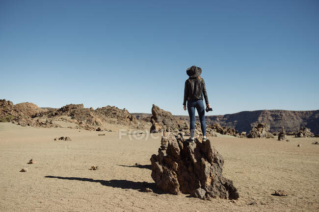 Unerkennbarer Tourist, der an einem wolkenlosen Tag auf einem Felsen in der Wüste steht — Stockfoto