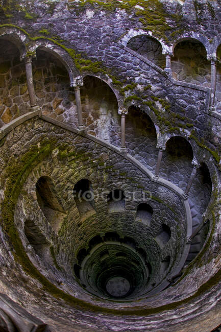 From above historic steps covered with moss in ancient building — Stock Photo