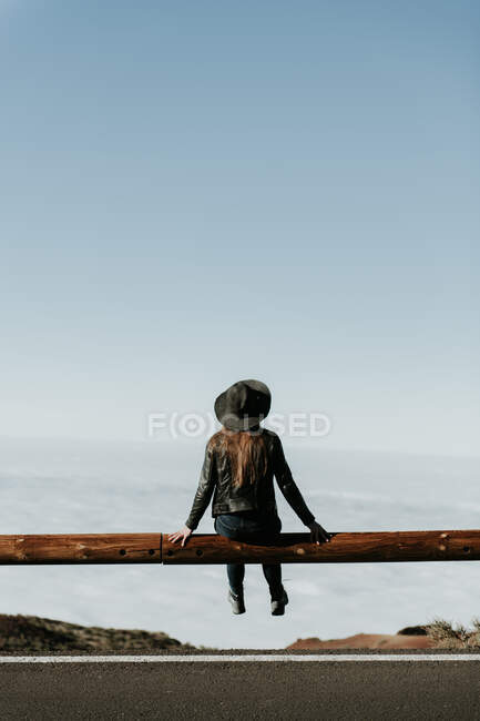 Visão traseira da mulher turística sentada na cerca de madeira na borda da colina — Fotografia de Stock
