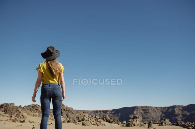 Снизу женщина стоит на фоне голубого безоблачного неба и сухих гор — стоковое фото