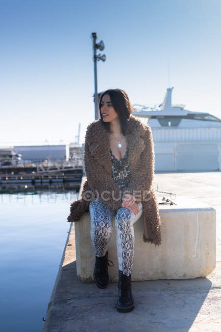 Mujer elegante sentada en el puerto - foto de stock