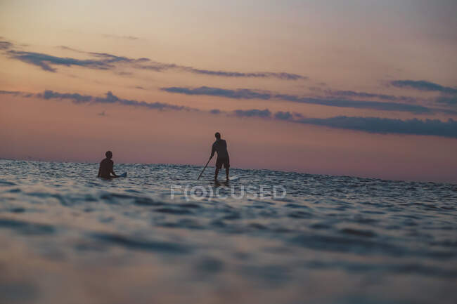 Vue arrière des silhouettes des mâles avec pagaie sur planche de surf entre l'eau de mer et le ciel en soirée sur Bali, Indonésie — Photo de stock