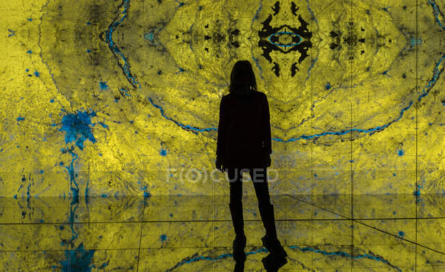 Vista posterior de la silueta de la mujer de pie en el pasillo oscuro cerca de la pared con dibujo abstracto creativo - foto de stock