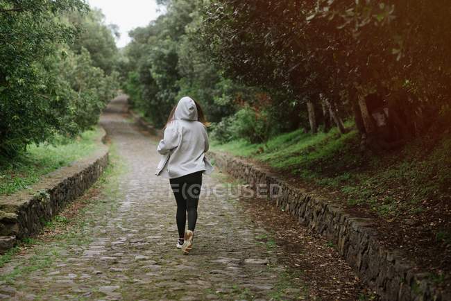 Вид ззаду жінки в спортивному одязі, що біжить по дорозі в парку — стокове фото