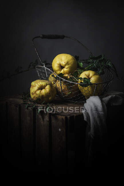 Coings de pommes jaunes mûrs placés dans un panier sur un fond de bois foncé — Photo de stock