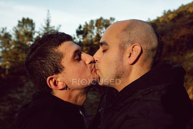 Pareja homosexual besándose en camino en bosque en día soleado - foto de stock