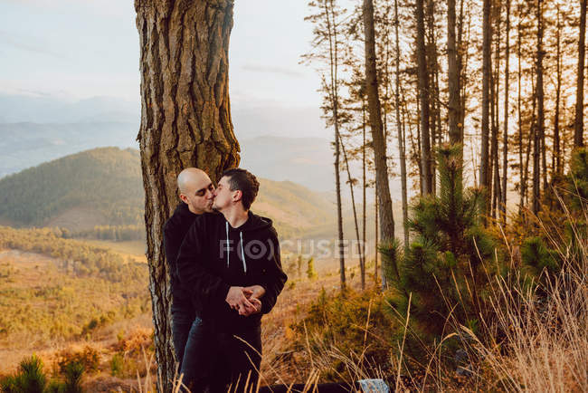 Romantic homosexual couple kissing and hugging near tree in forest and picturesque view of valley — Stock Photo