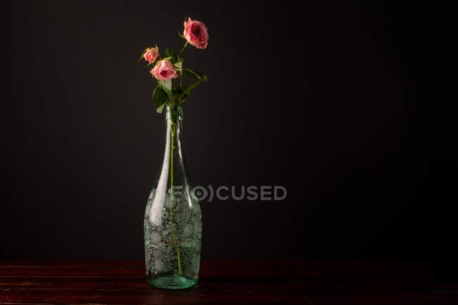 Flores de color rosa colocadas en un elegante jarrón de vidrio sobre una mesa de madera sobre fondo marrón oscuro - foto de stock