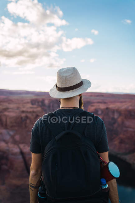 Вид сзади бородатого парня с рюкзаком, смотрящего на красивый каньон и спокойную реку в солнечный день на западном побережье США — стоковое фото
