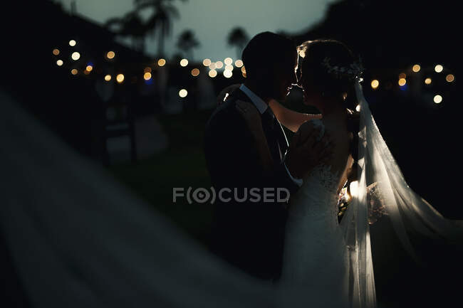 Vista lateral de los recién casados abrazándose en el parque con luces iluminadas en la noche sobre fondo borroso - foto de stock