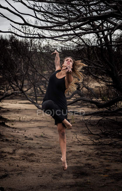 Молодая балерина в черной одежде с протянутыми руками, позирующая между сухим лесом — стоковое фото