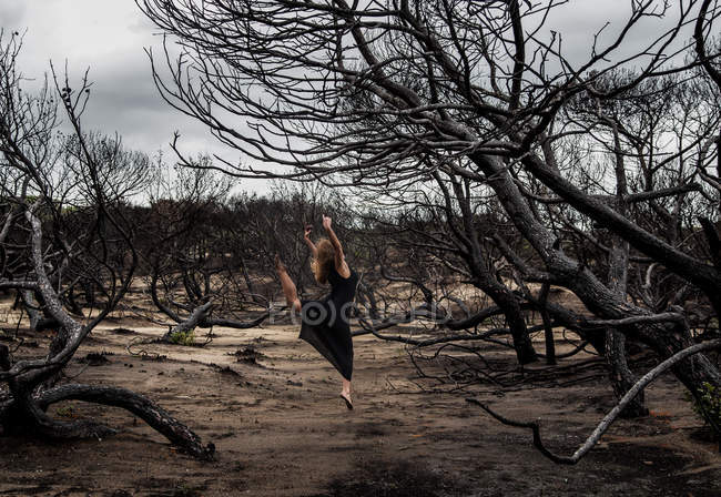 Молода балерина в чорному одязі з розтягнутими руками позує між сухими лісами — стокове фото