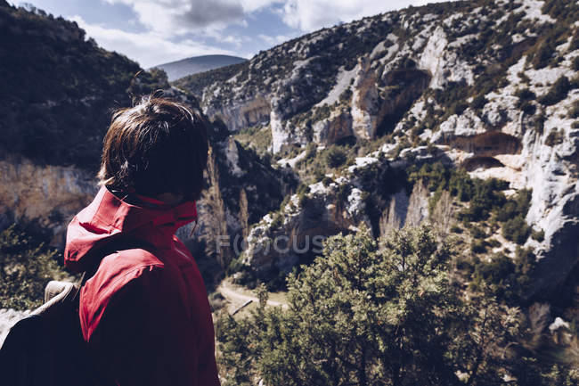 Vista laterale della donna con zaino guardando incredibile vista del sentiero tra alte colline rocciose con piante verdi nella giornata di sole — Foto stock