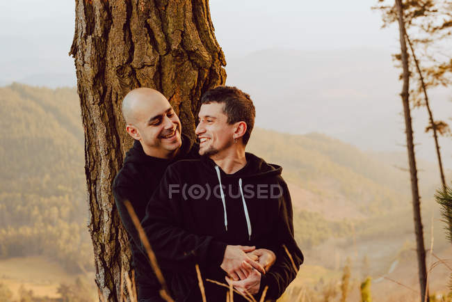 Cheerful homosexual couple embracing near tree in forest and picturesque view of valley — Stock Photo