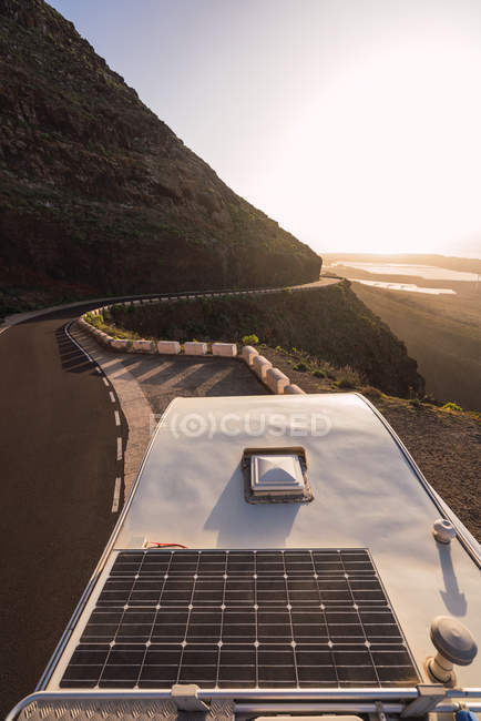 Mobile home parked on asphalt route on mountain Teide in Tenerife, Canary Islands, Spain — Stock Photo