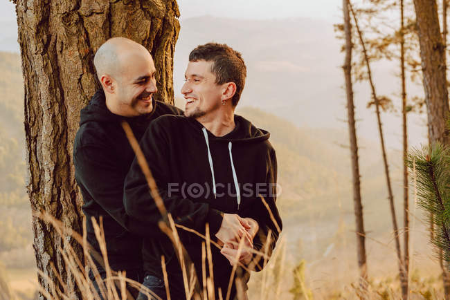 Весела гомосексуальна пара приймає і дивиться на камеру біля дерева в лісі і мальовничий вид на долину — стокове фото