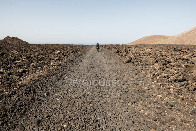 Vista posteriore del turista che cammina sulla strada rocciosa di campagna contro cielo senza nuvole nella bella natura — Foto stock