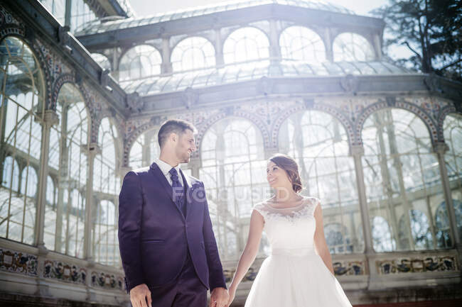 Знизу молодий елегантний чоловік тримає на руках жінку у весільній сукні біля ретро-палацу з багатьма вікнами в сонячний день — стокове фото
