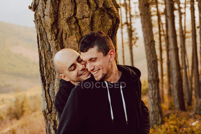 Веселая гомосексуальная пара, обнимающая дерево в лесу и живописный вид на долину — стоковое фото