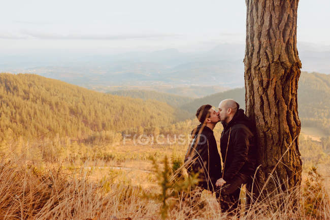 Romantic homosexual couple kissing near tree in mountains — Stock Photo