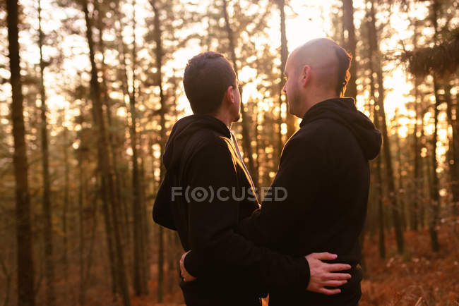 Abrazando pareja homosexual de pie en el bosque al atardecer - foto de stock