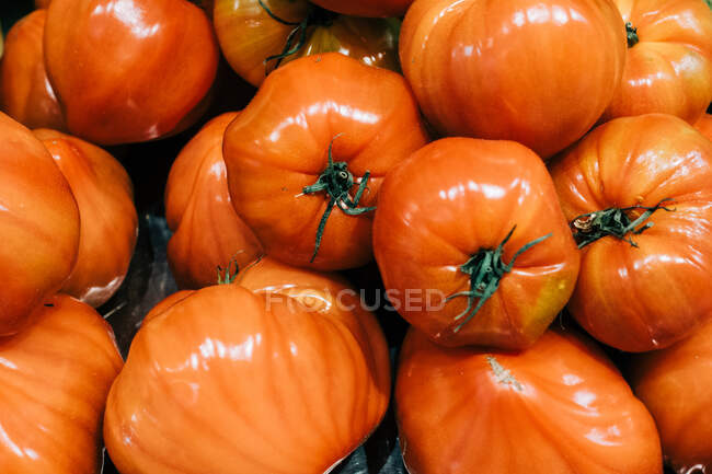 Dall'alto primo piano pila di pomodori rossi saporiti maturi freschi — Foto stock