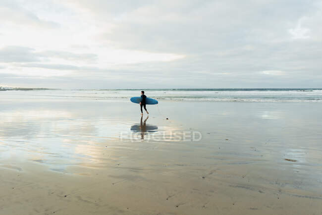 Vista lateral de una persona anónima en traje de baño que lleva tabla de surf azul mientras camina sobre arena mojada cerca del mar ondulado en el día nublado - foto de stock