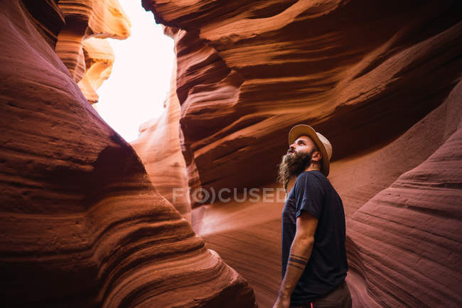 Side view of bearded male examining amazing walls of wonderful ravine during travel through West Coast of USA — Stock Photo